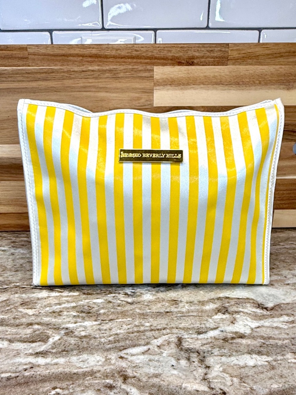 Vintage Giorgio Beverly Hills Striped Cosmetic Bag Yellow White 80s Glam Travel